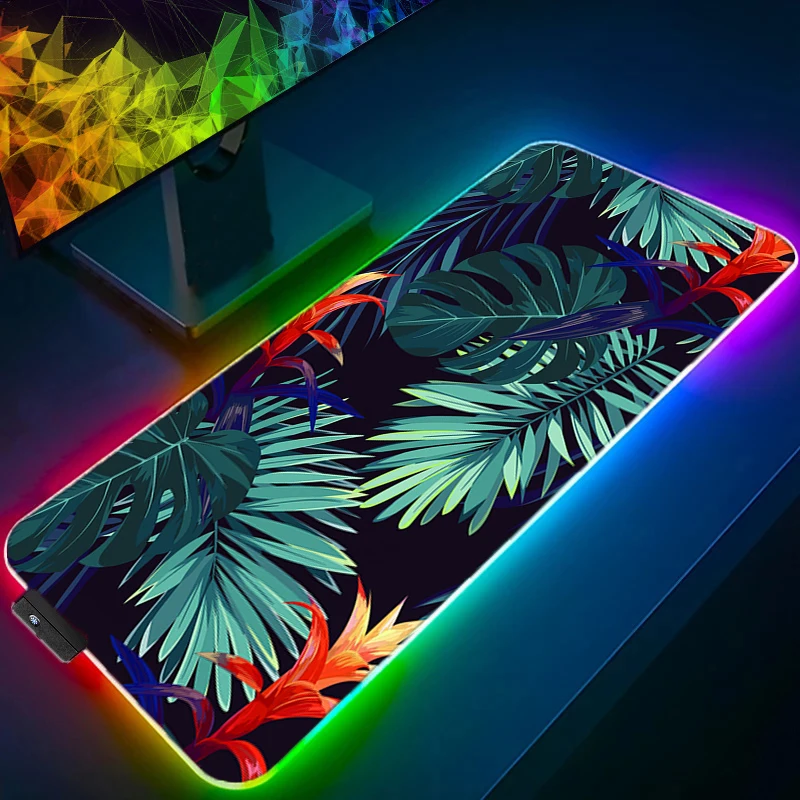 

RGB LED Mouse Pads Desk Mat Protector Gaming Green Tropical Plants Mousepad Office Table Decor Keyboard Pad Computer Gamer Mats
