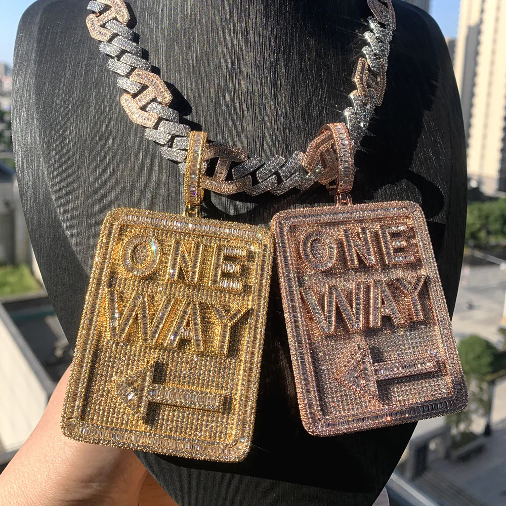 New ONE WAY Alphabet Road Sign Direction Pendant Hip Hop Rap Jewelry Set with Men's Necklace