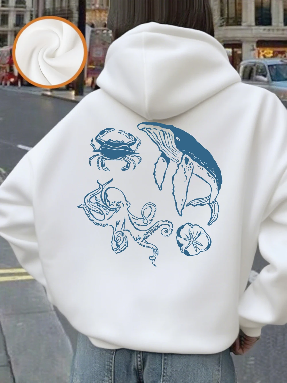 الحياة البحرية الطباعة هوديس المرأة الشتاء الصوف البلوفرات الدافئة موضة جيب بلوزات مريحة فضفاضة الملابس النسائية #1