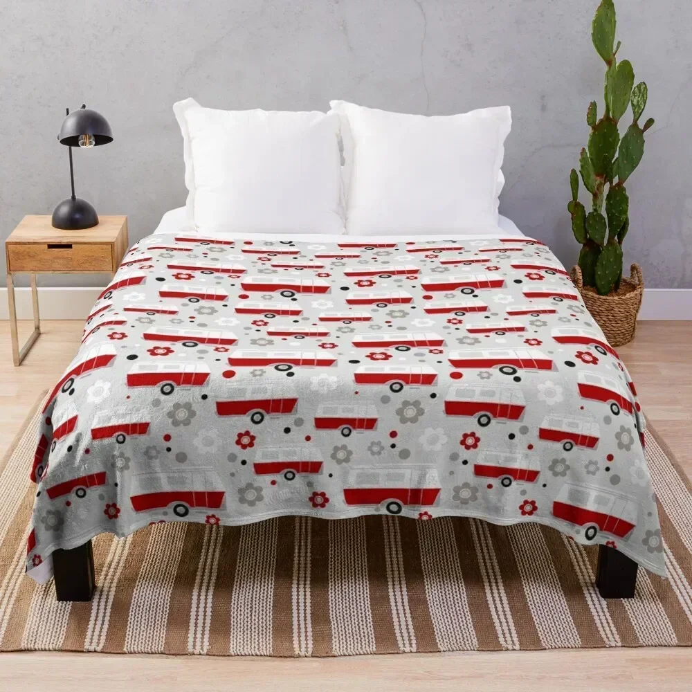 

Vintage Caravan in Red, White and Grey Throw Blanket Tourist Thermal Blankets