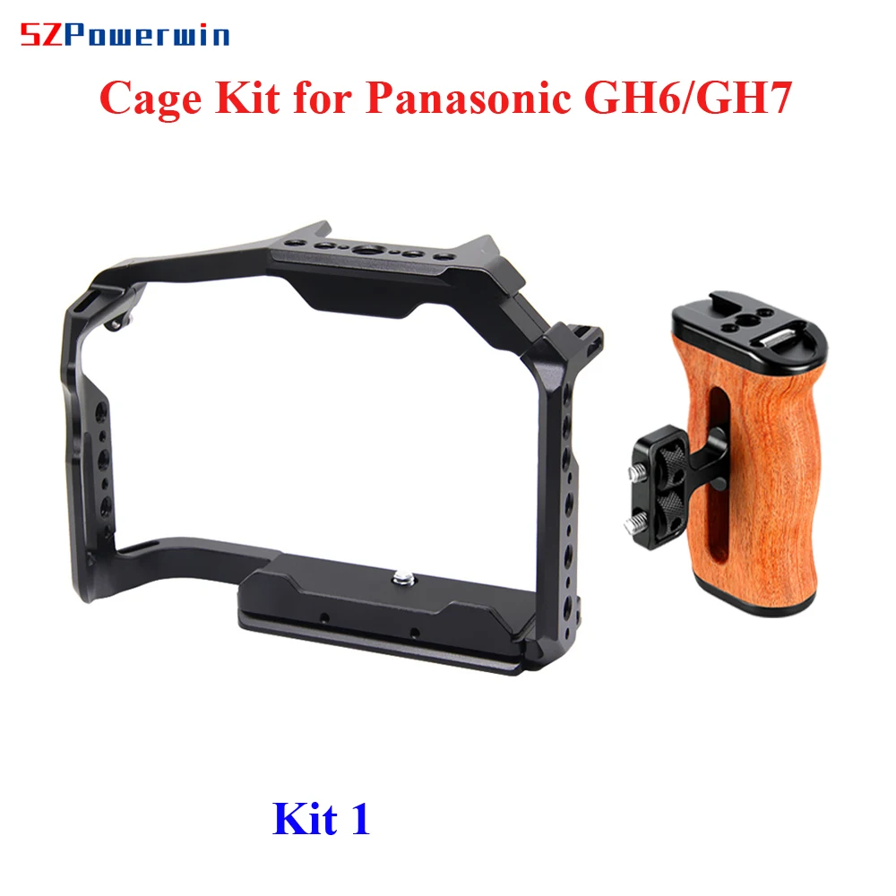 Powerwin Camera Cage Kit for Panasonic GH7 GH6 Stabilizer Rig Protective Frame Gimbal Arri Locating Screw Wooden Handle