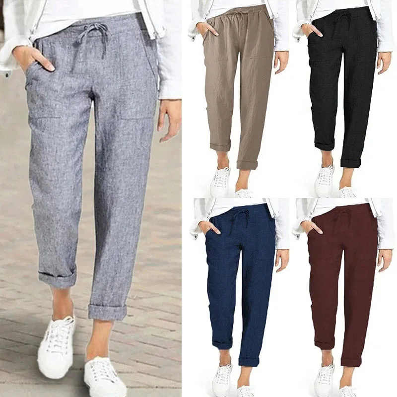 Lucyever, pantalones informales de lino y algodón para mujer, pantalones hasta el tobillo elásticos de cintura alta para primavera y verano, pantalones Harem con bolsillos sólidos para mujer