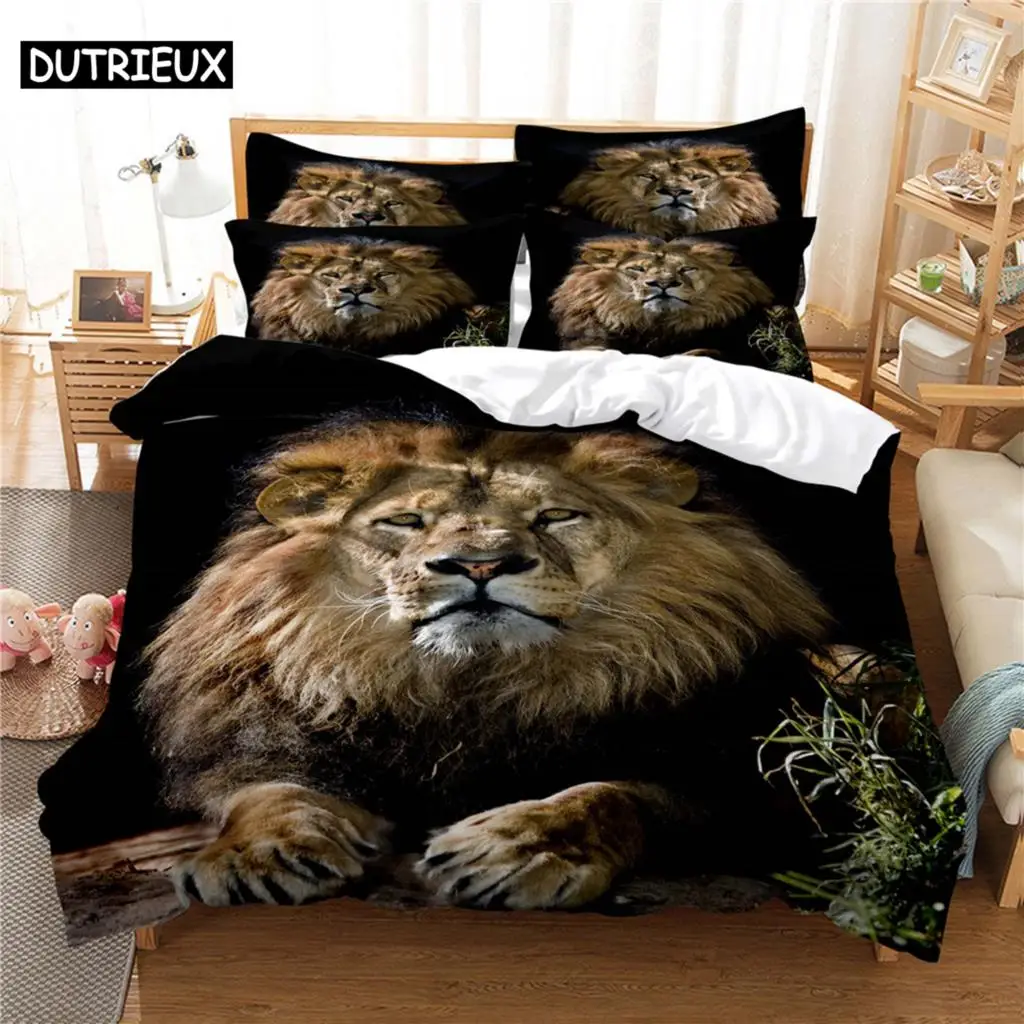 

3D Printed Queen Size Lion Themed Bedding Set, Duvet Cover Set