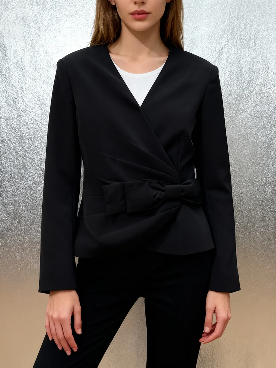 TWOTWINSTYLE Eleganckie marynarki damskie z kokardą, dekolt w serek, długi rękaw, patchworkowe, marszczone, krótkie marynarki damskie, nowość