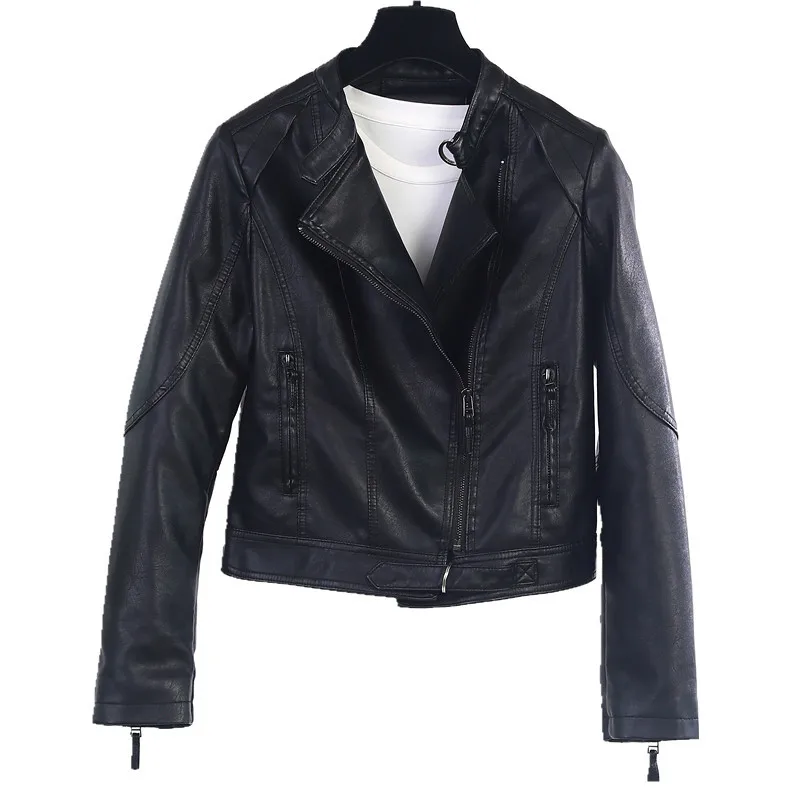 Purchase autumn leather clothes stand collar slim fitting motorcycle PU washed leather fashionable women's short top jacket