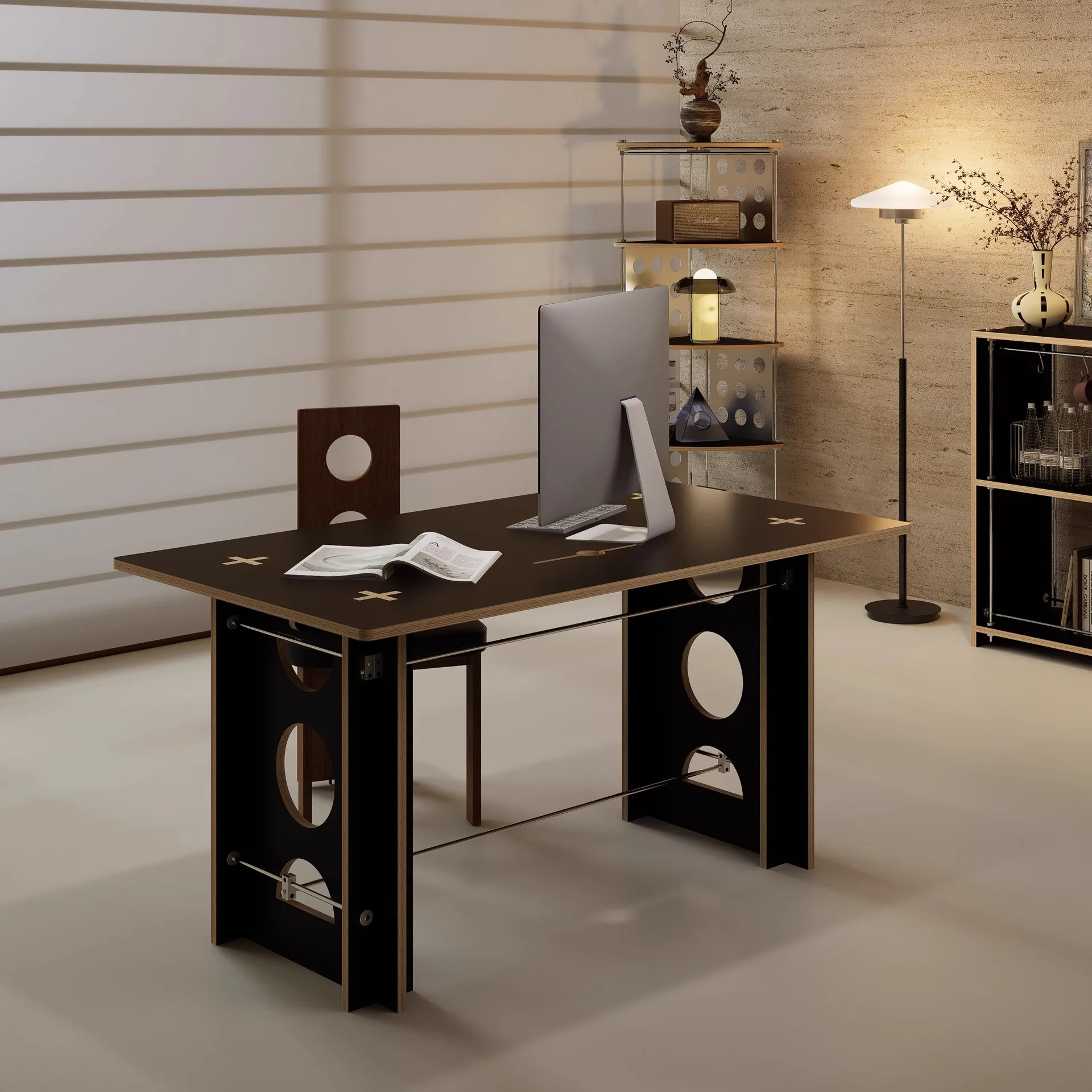 

Medieval minimalist style Bauhaus solid wood ocean board table metal black birch office desk computer