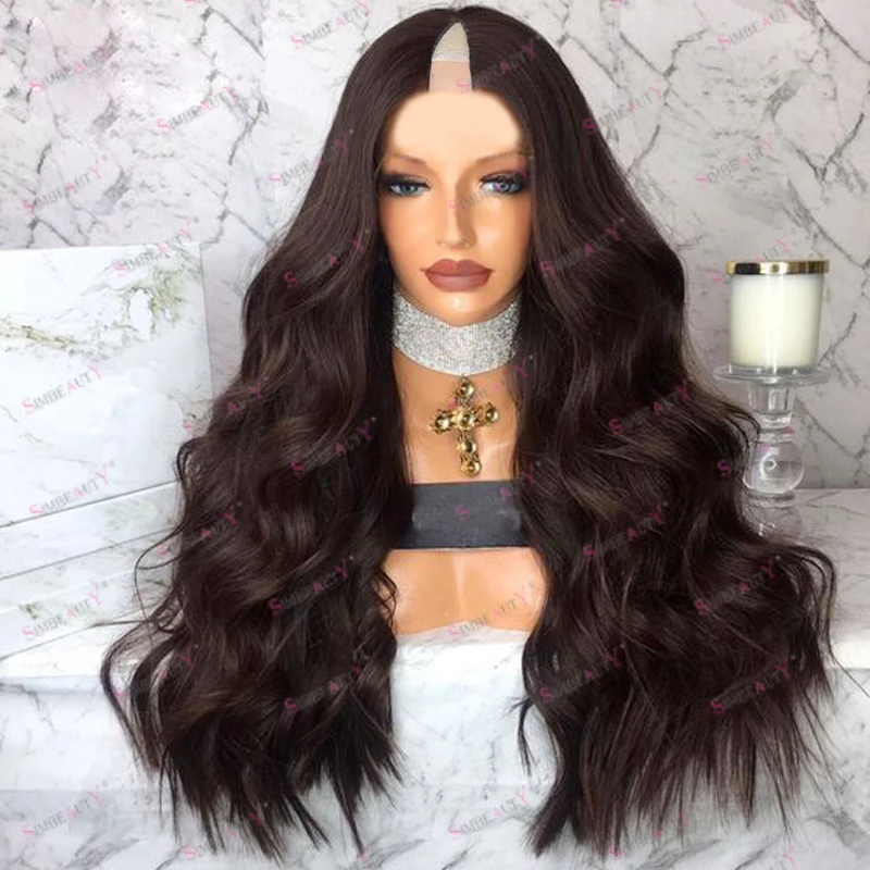 Glueless Long Body Wave Natural Darkest Brown Human Hair 1x4 Middle V Part Wigs for Women Opening V Part Wigs Adjustable Straps