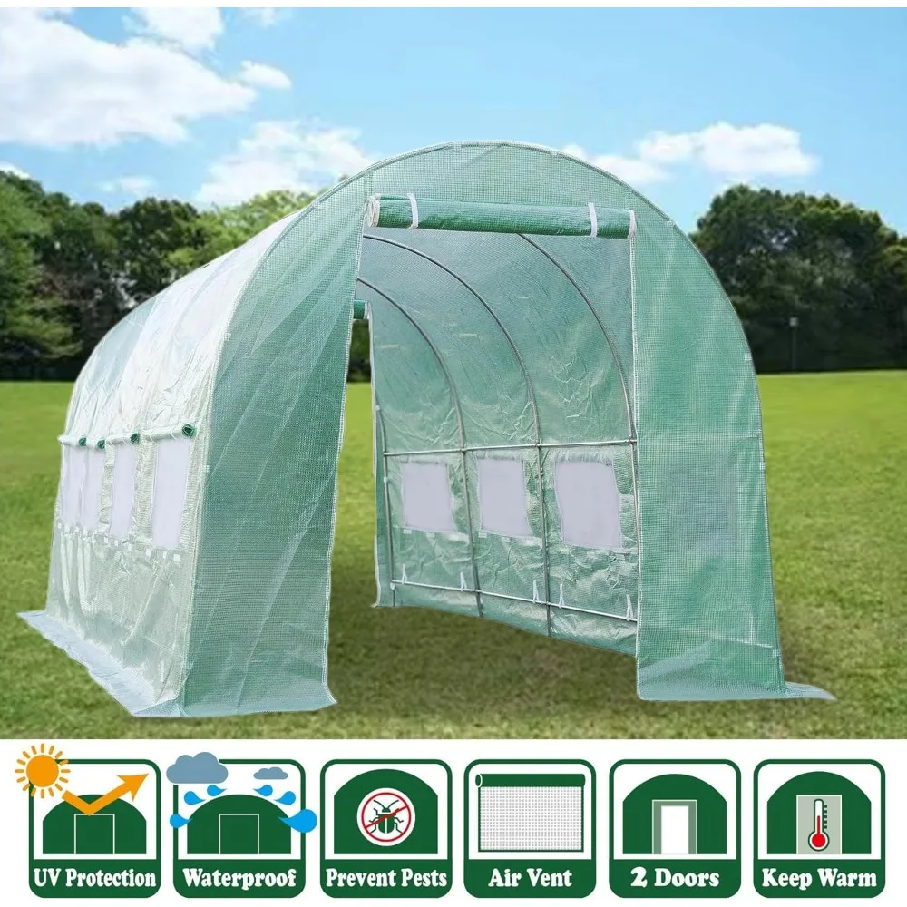 Replacement Cover for Portable Greenhouse, Large Walk-in Green Hot Garden House Top Tarp 2 Zippered Doors 8 Roll-up Windows