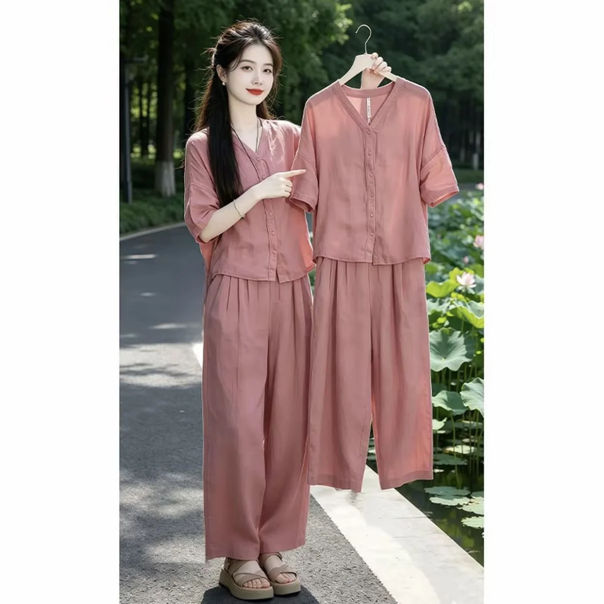 

Fashionable Cotton Linen Set Short Sleeve Wide Leg Pants Two Piece Set Summer New Arrival Women's Clothing Commute Style Arti...