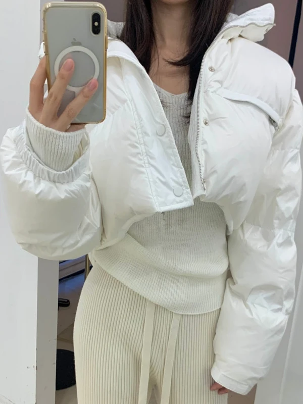

Winter ort Cotton Jaet Women's Faionable High-End Bread Sle White Elegance Cotton Coat Outerwear Zipper Color