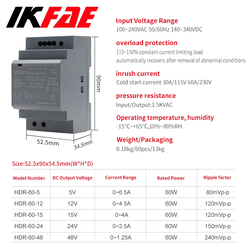 HDR-15 15W Input 100-240V Output 5V 12V 24V 48V  Ultra Slim DIN Rail Power Supply Switching  Mode Power Supply