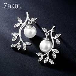 ZAKOL Fashion Leaf Cubic Zirconia Imitation Pearl Dangle Earrings For Women Elegant  Temperament Wedding Party Jewelry Gift