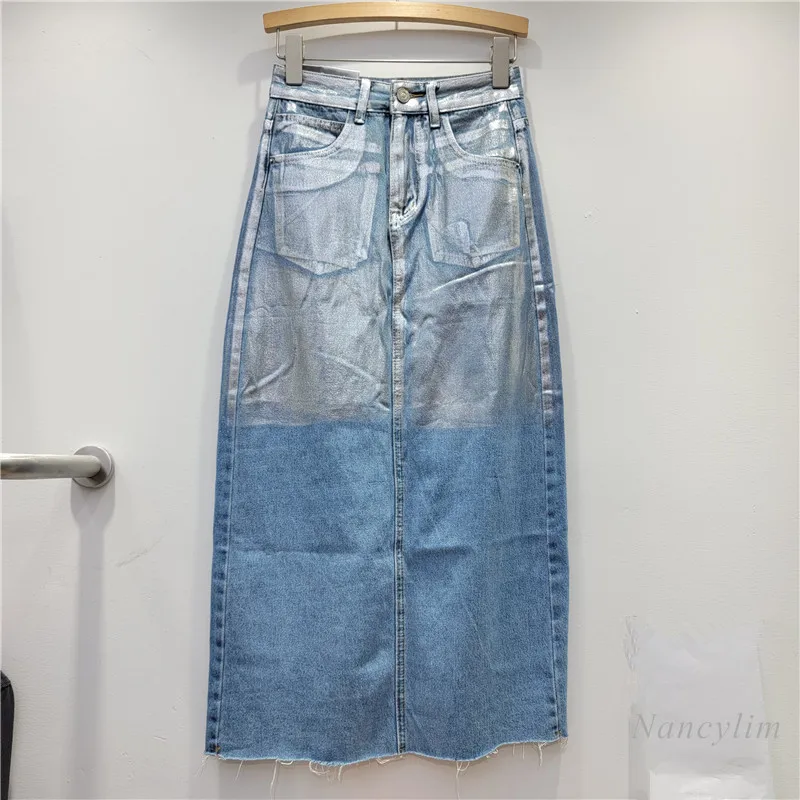 New European and American Style Long Denim Skirt Women's Clothing All-Match Heavy Hand-Painted Painted Gold Skirt 2024