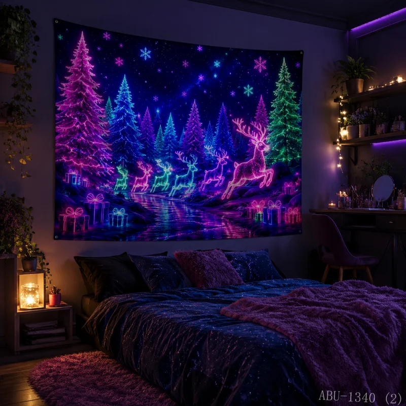 VIKAMA Cyber Grid Perspective Channel Neon Gift Box Mirror Christmas Tapestry Background Hanging Cloth Living Room Room Decor