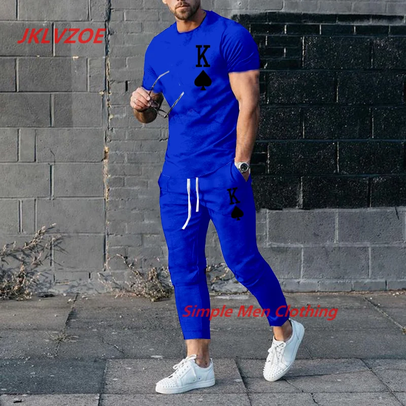 New Men's Trousers Tracksuit 2 Piece Set 3D Printed K Solid Color Short Sleeve T Shirt+Long Pants Street Clothes Male Clothing