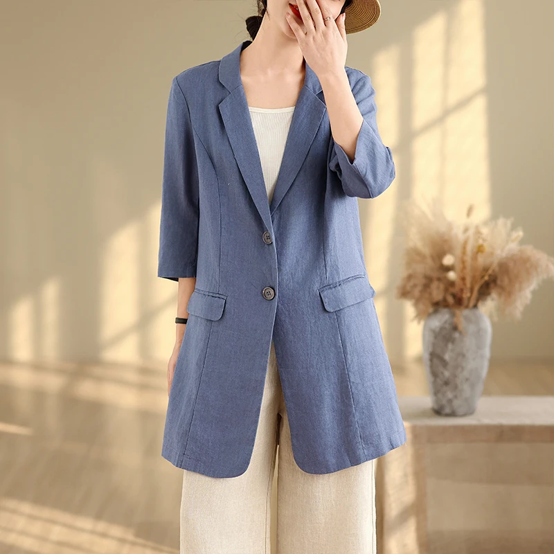 كاجوال Sle قطن كتان ort Sve متوسط الطول للنساء لون أزرق تصميم Blo زر إغلاق لون نقي