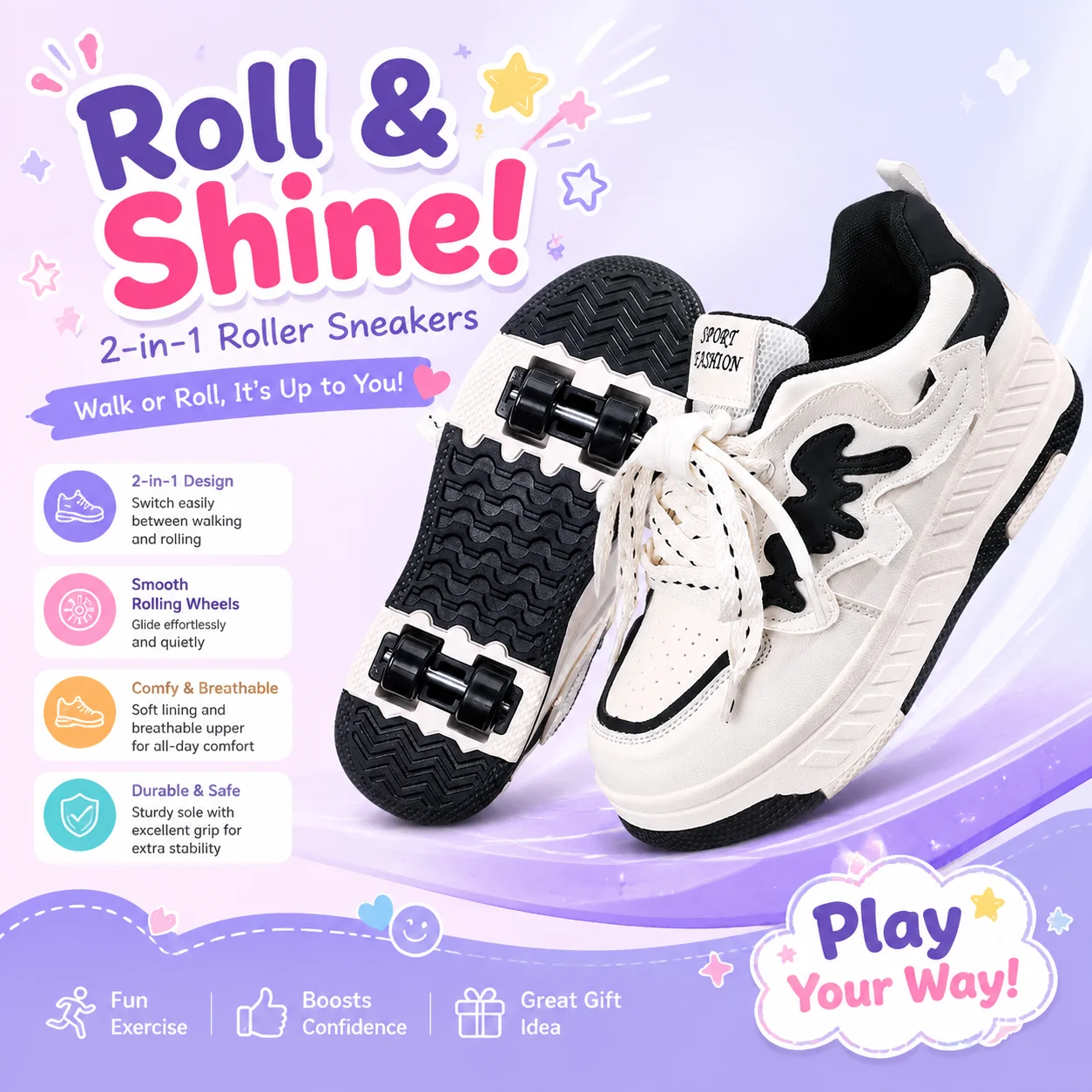 

New kids' four-wheel roller shoes, boys and girls, detachable wheels, trendy versatile cute casual shoes in Korean style 29-40