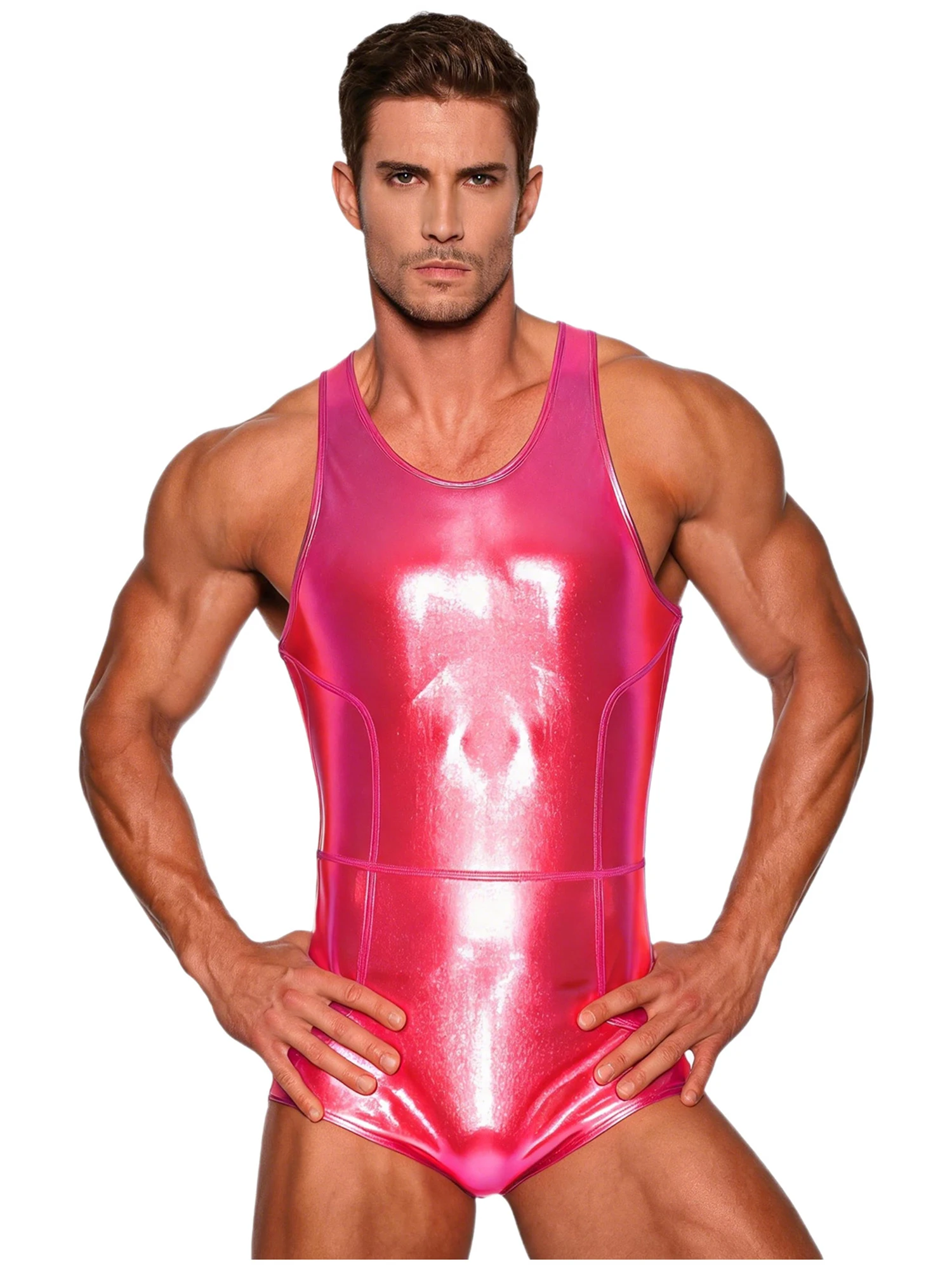 Men Shiny Metallic One Piece Jumpsuit Sleeveless Back Zip Shorts Bottom Stretchy Breathable Quick Dry for Rave Club Party Summer