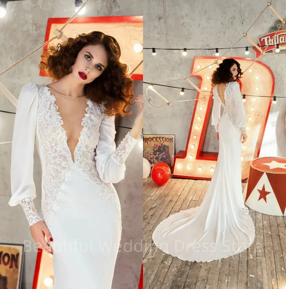 

Elegant Deep V Neck Mermaid Wedding Dresses Satin Long Sleeve Lace Applique Sweep Train Bridal Gown Robe Custom Made 2024