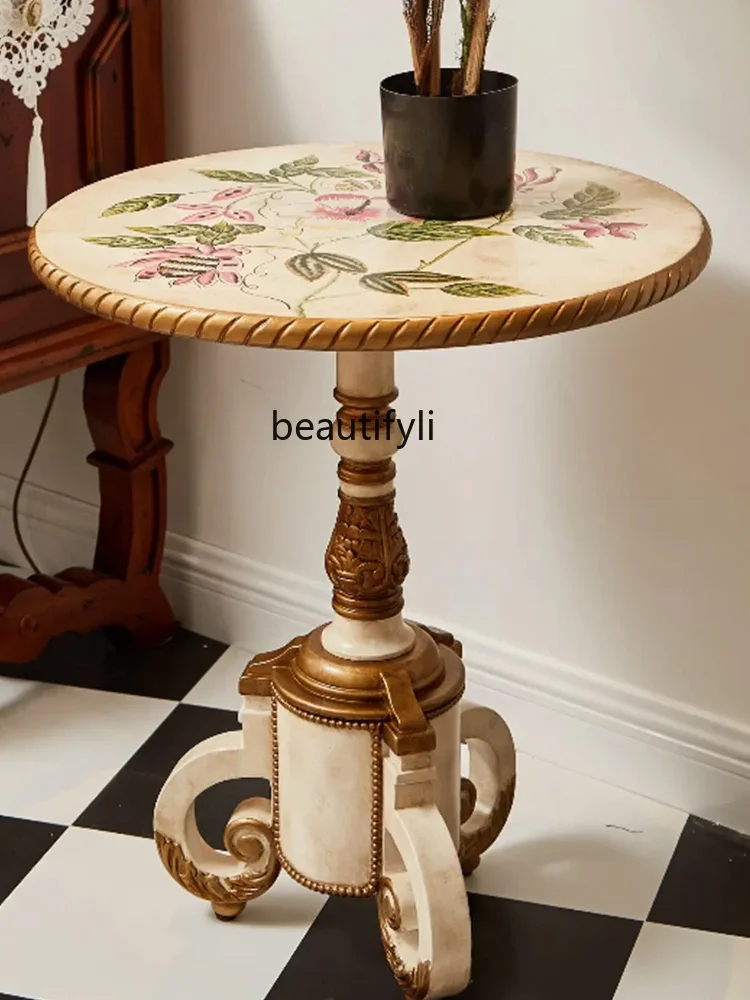 

zzAmerican Style Painted Vintage round Tea Table Vintage Country Lace Foreign Flower round Coffee Table Coffee Small Luxury Side