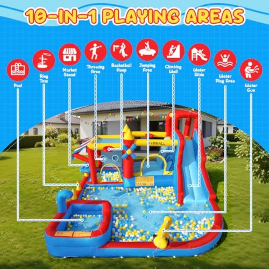 Outdoor/indoor 10-in-1 water slide park with 550 W blower PVC material blue/red color quick-inflate design and integrated splas