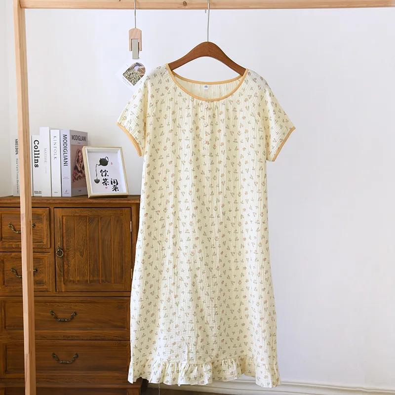 2024 New Summer Women\'s Sleeping Dress 100% Cotton Crepe Short Sleeve Large Size Loose Skirt Cute Thin Home Dress Nightgown