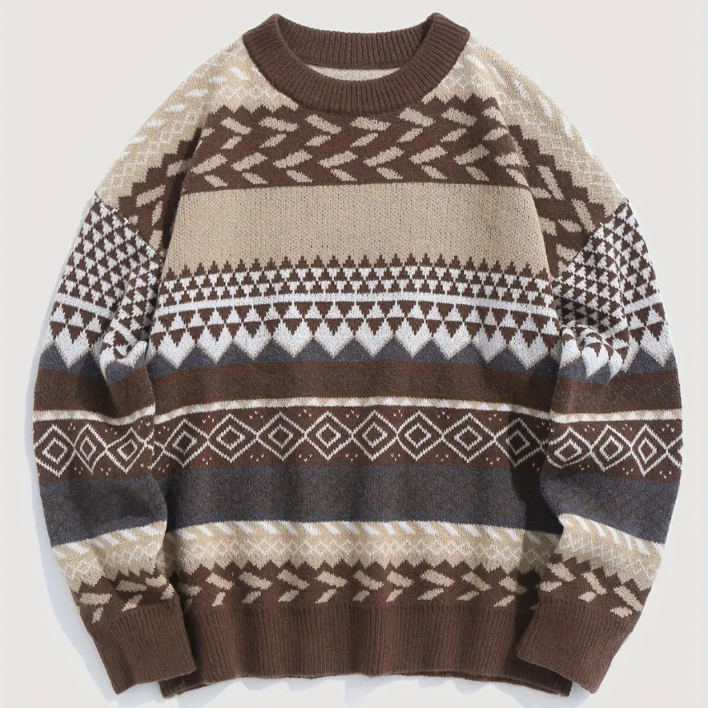 

Women's Warm Soft Knitted Sweater round Neck Long Sleeve Contrast Color Diamond Pattern Retro Waxy Style Autumn Winter Pullover