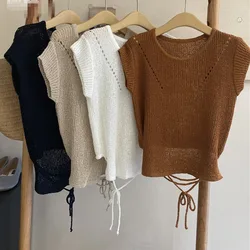 Summer Sweater Chic Sexvy Laced Up Knitted T-shirt Casual Beach Style Korean Fashion Style Loose Sleeveless Women Pullover