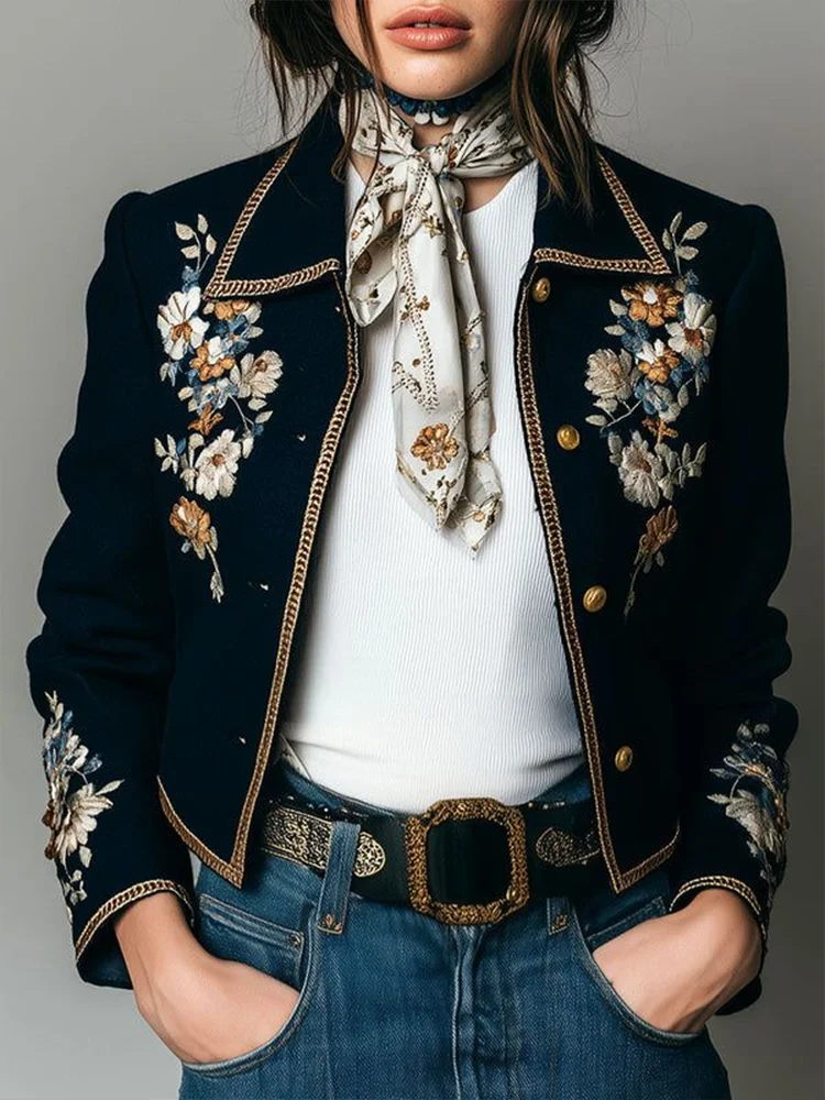 

Women's Retro Floral Print Slim Fit Jacket Vintage Lapel Casual Elegant Fashion Outerwear Coat for Fall Winter