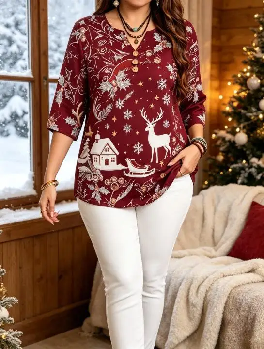 Women 3/4 Sleeve V‑Neck Blouse Vintage Sketch Style Christmas Reindeer Santa Bells Holly All‑Over Print Button Decoration Tops