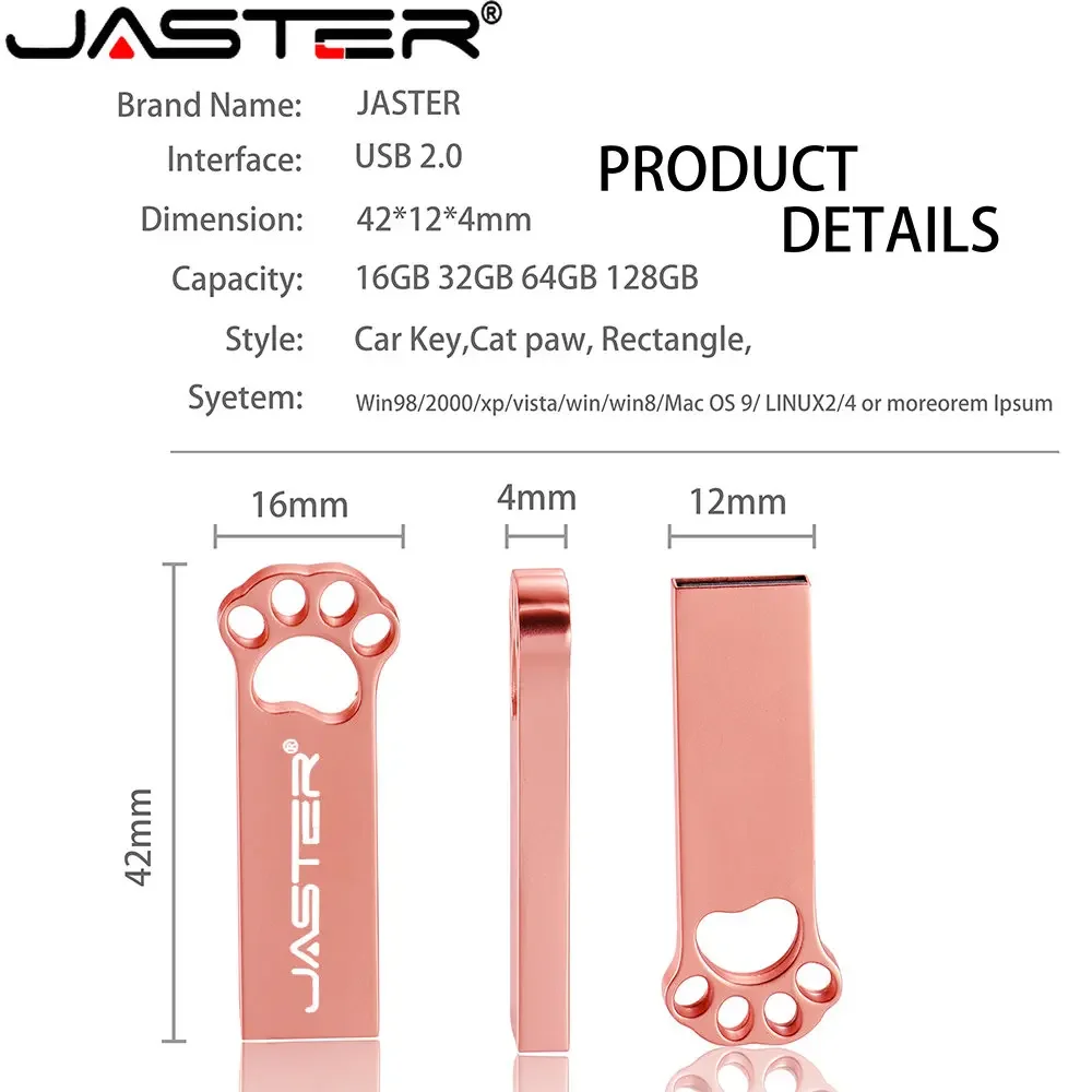 금속 골든 USB 2.0 플래시 드라이브, 64G 고양이 발 사랑스러운 할로우 아웃 어댑터, 메모리 스틱, 창의적인 선물 키 체인, 방수 U 디스크