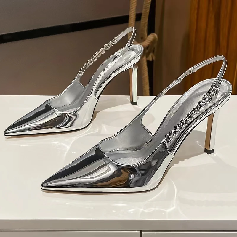 Błyszczące buty na wysokim obcasie Slingback Silver Women Pumps Metallic Crystal Sandals Pointy Toe Stiletto Heeled Shoes Party Dress Shoes Woman