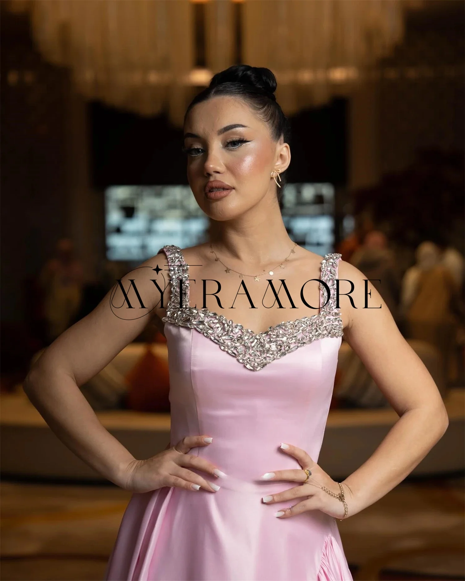 

Gorgeous Pink Beaded Evening Dresses Square Neck A-Line Pleat Prom Dresses Customized فساتين سهره