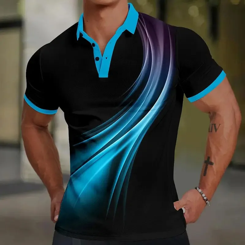 Camisa polo impressa em 3D masculina de linha colorida, camisa polo de manga curta, roupas da moda masculina, esporte de golfe solto e grande