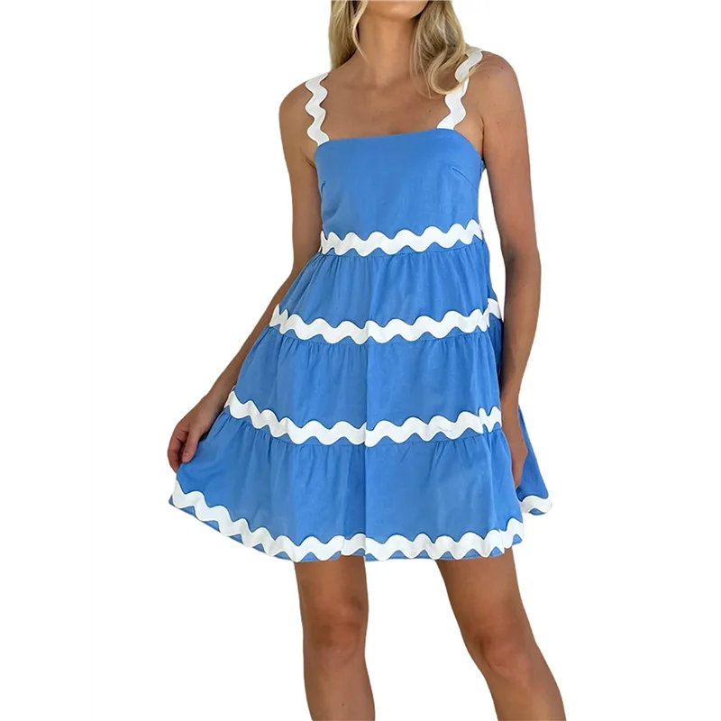 【Decoración de fiesta】Mini vestido de verano para mujer, informal, con tirantes finos, sin mangas, ahumado, sin espalda, fluido, línea A