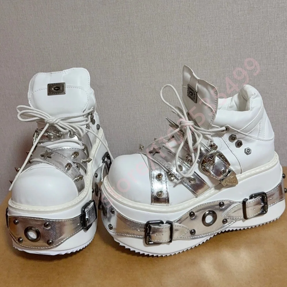 2026 White Silver Punk Platform Ankle Boots Women Spiked Rivet Buckle Lace Up Gothic Y2K Street Style Chunky High Top Shoes