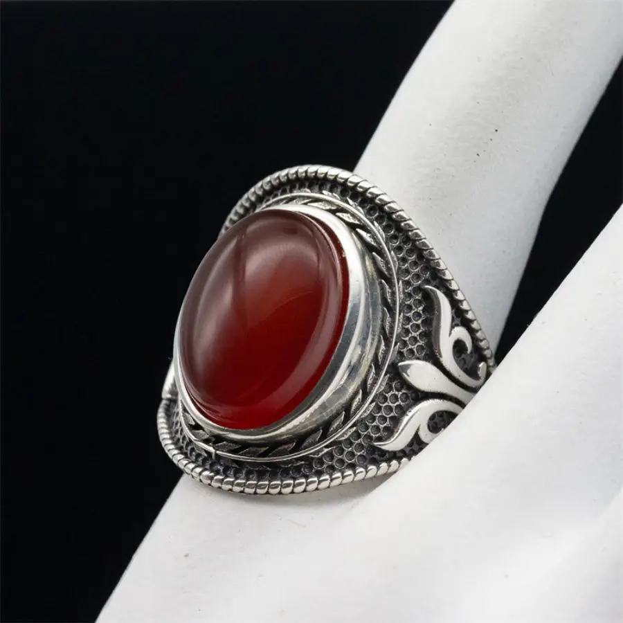 Wholesale Real 925 Sterling Silver Mens Ring Natural Red Agate Stone Jewelry Gift Silver Hand Wedding Agate Ring