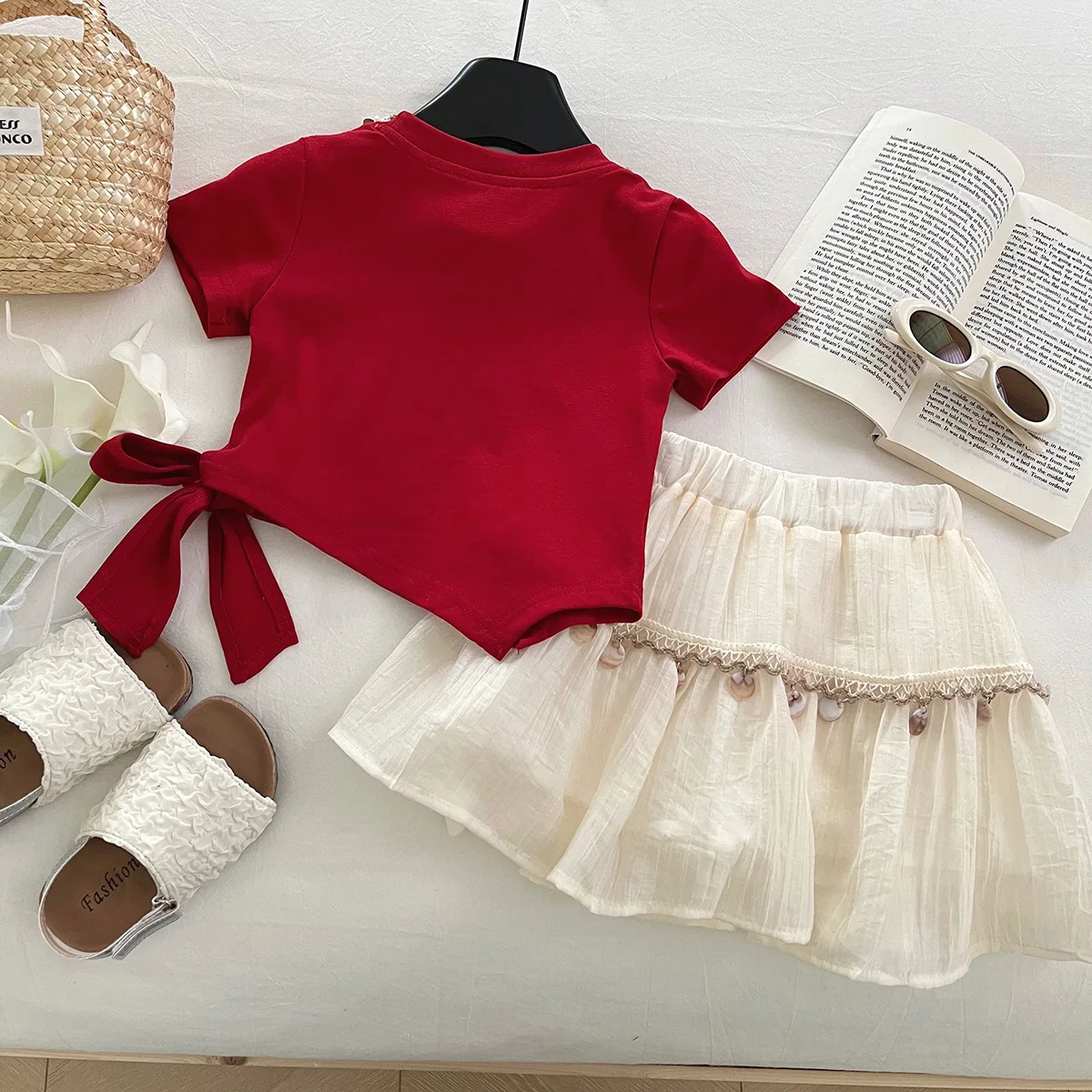 Girls Red Top & Beige Skirt Set - Lace Collar with Pendant & Big Bow Tiered Ruffle Hem Lace Trim Fringe Summer Sweet Outfit