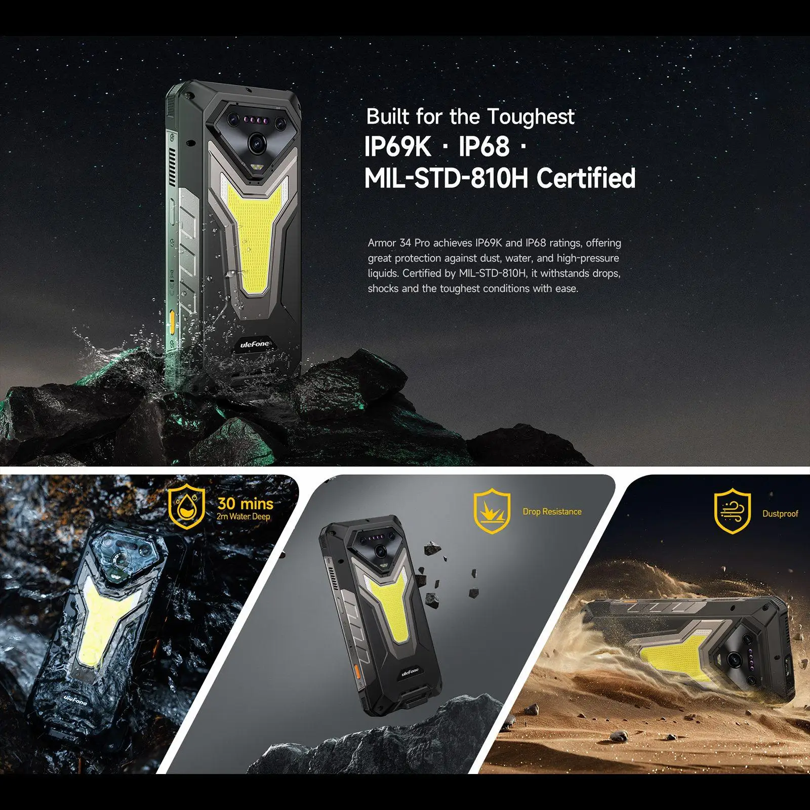 Ulefone Armor 34 Pro + Projector Rugged Phone 16GB+512GB Night Vision 6.95'' Android 15 Dimensity 7300 25500mAh 5G Smartphone