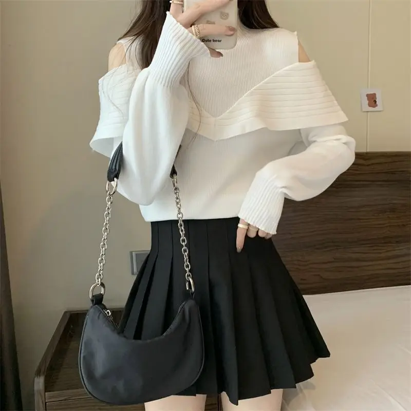 2026 Spring Autumn Korean Hollowed Out Black White Casual Sweet Sweater for Women Off-shoulder Top Long-sleeved Knitted Sweater