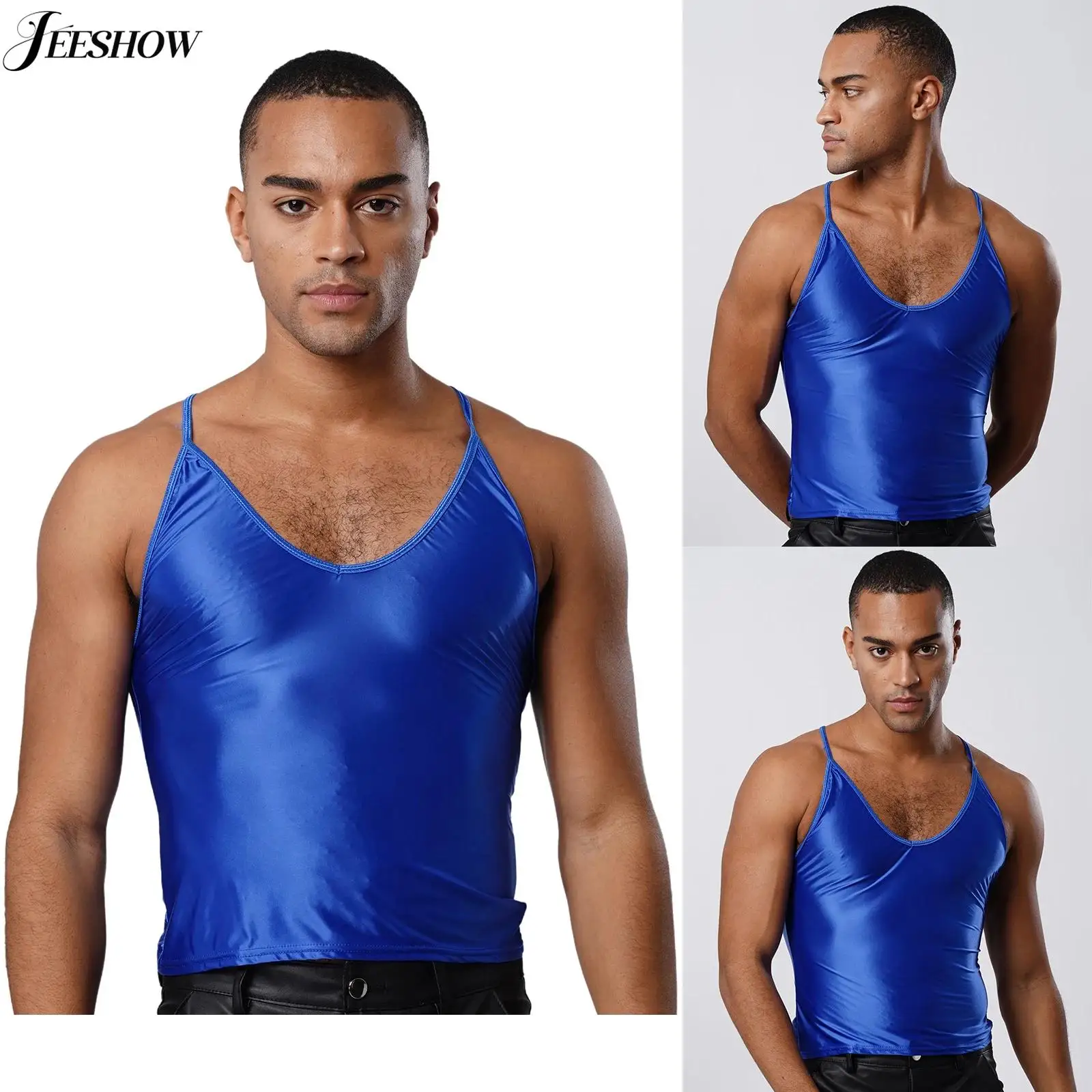 Mens Sissy Glossy Spaghetti Straps Camisole Solid Color Stretchy Scoop Neck Slim Fit Tank Top Undershirts Rave Night Club Wear