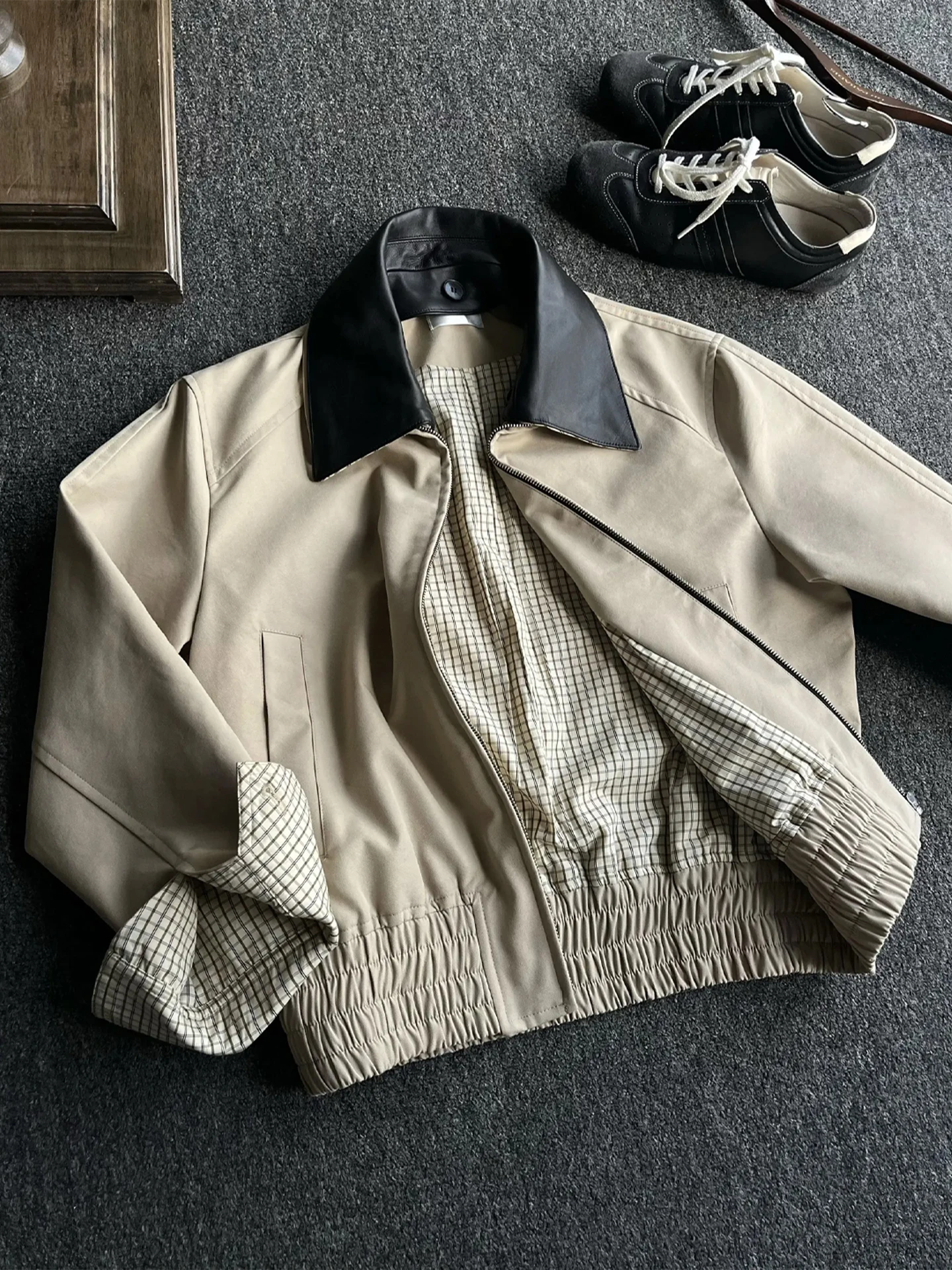 

Khaki ort Men's Jaet Removable Fur Collar American Retro Harington Sle Spring Autumn Cotton Polyester Fiber Jaet