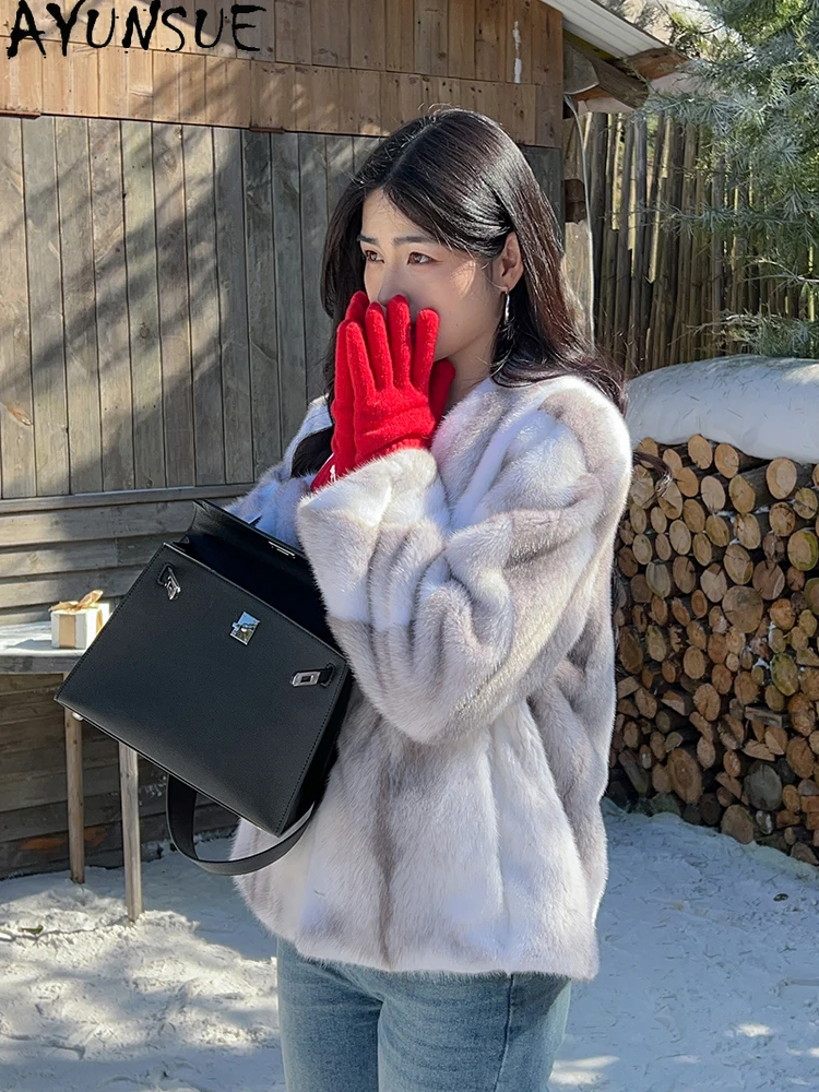 AYUNSUE 2025 ベルベットミンクファージャケット レディース 高級ミンク冬用ジャケット 女性用服 高品質ショートコート