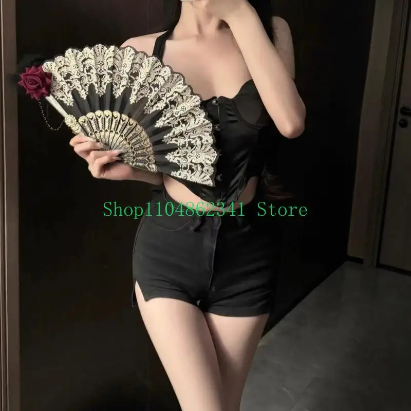 5asd quạt retro với tassels ren quạt đám cưới người hâm mộ gập tay cho bữa tiệc khiêu vũ