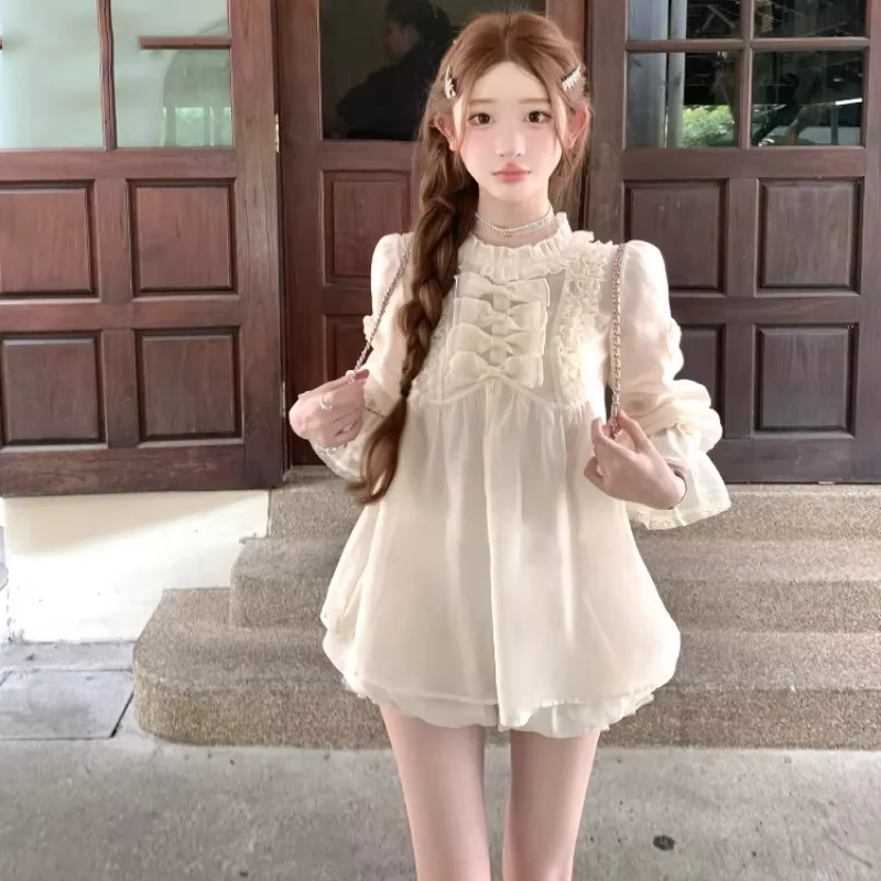 أنيقة الحلو لوليتا نمط البلوزات النساء Kawaii القوس الكشكشة طويلة الأكمام الأميرة قميص Vintage الإناث الكورية بلوزات على الموضة Blusas