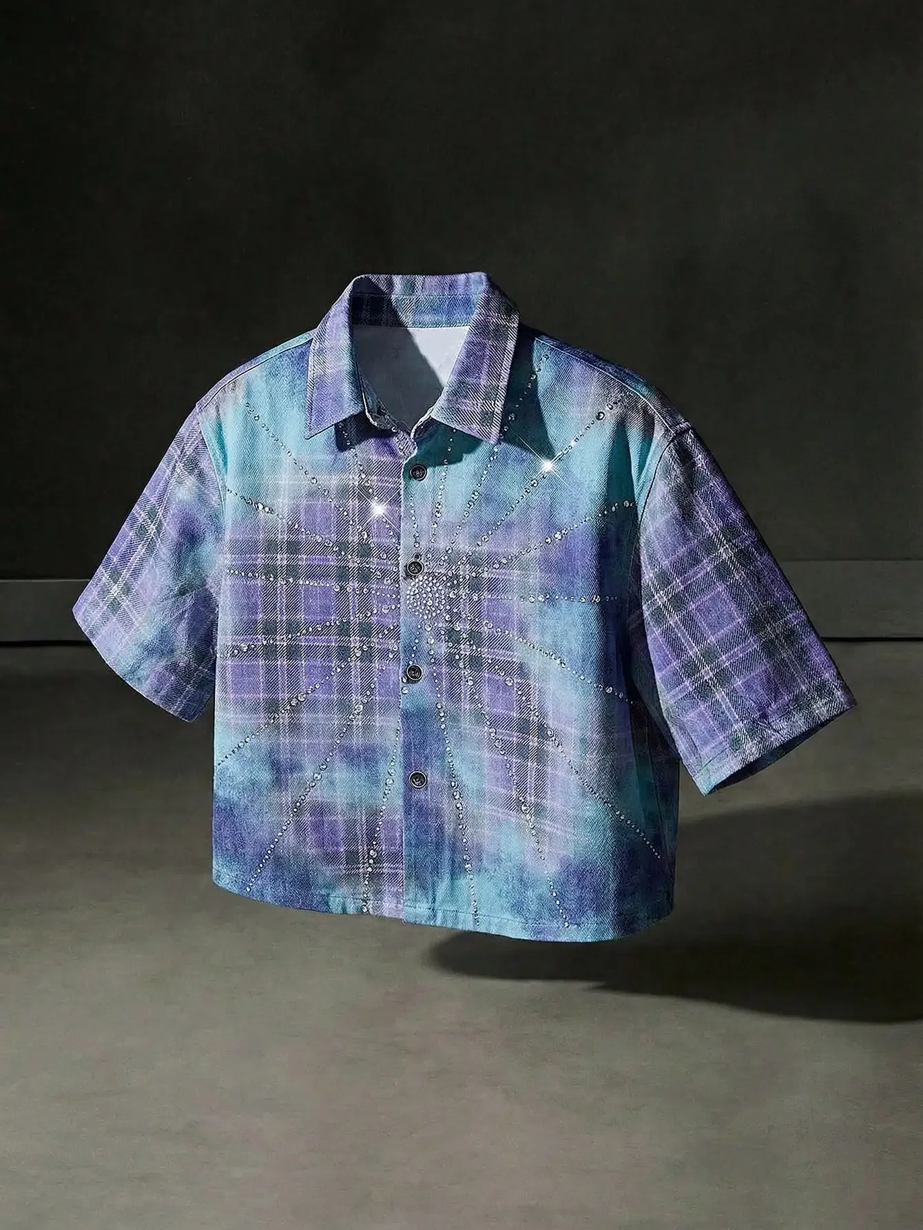 Mens Plaid Denim Shirt With Rhinestone Embellishment