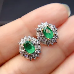 Sterling Silver Real Natural Emerald Stud Earrings Classic Fine Jewelry Women Wedding Gift 4*6mm