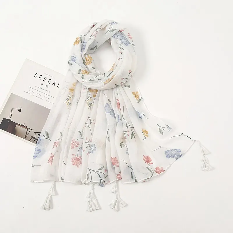 Summer Printed Floral Cotton Viscose Tassel Scarf White Long Shawl For Woman Muslim Hijab Ladies Casual Wraps Headband 190*90cm