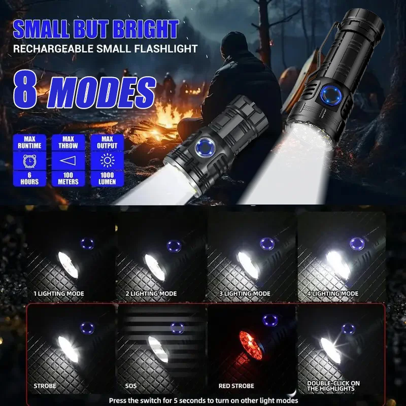 슈퍼 밝은 미니 팜 손전등 충전식 휴대용 토치 8 모드 조명 배낭 포켓 램프 야외 작업 캠핑