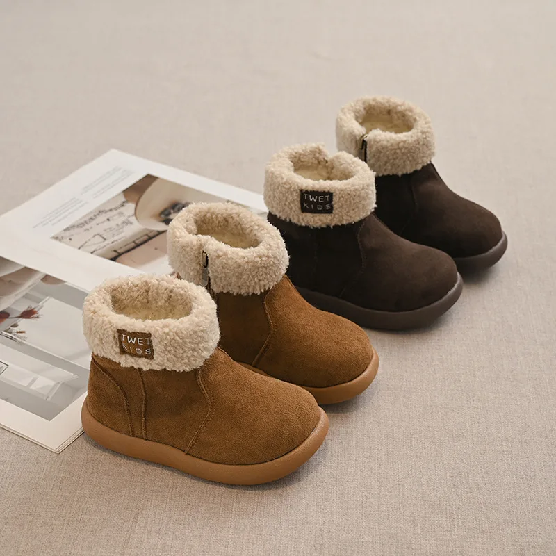Girls Cozy Fleece Cuff Ankle Snow Boots Winter Thick Warm Side Zipper Booties Rubber Sole Outdoor Boots for Little & Big Girls